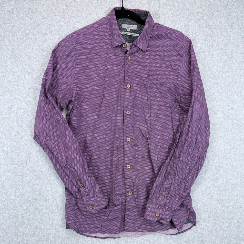 Ted Baker Button Up Shirt Men 3 Purple Geometric Print Long Sleeve Preppy Modern